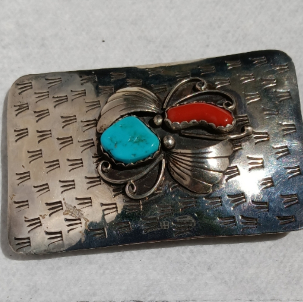Richard Yazza IHMSS Turquoise Coral Sterling Silver Belt Buckle